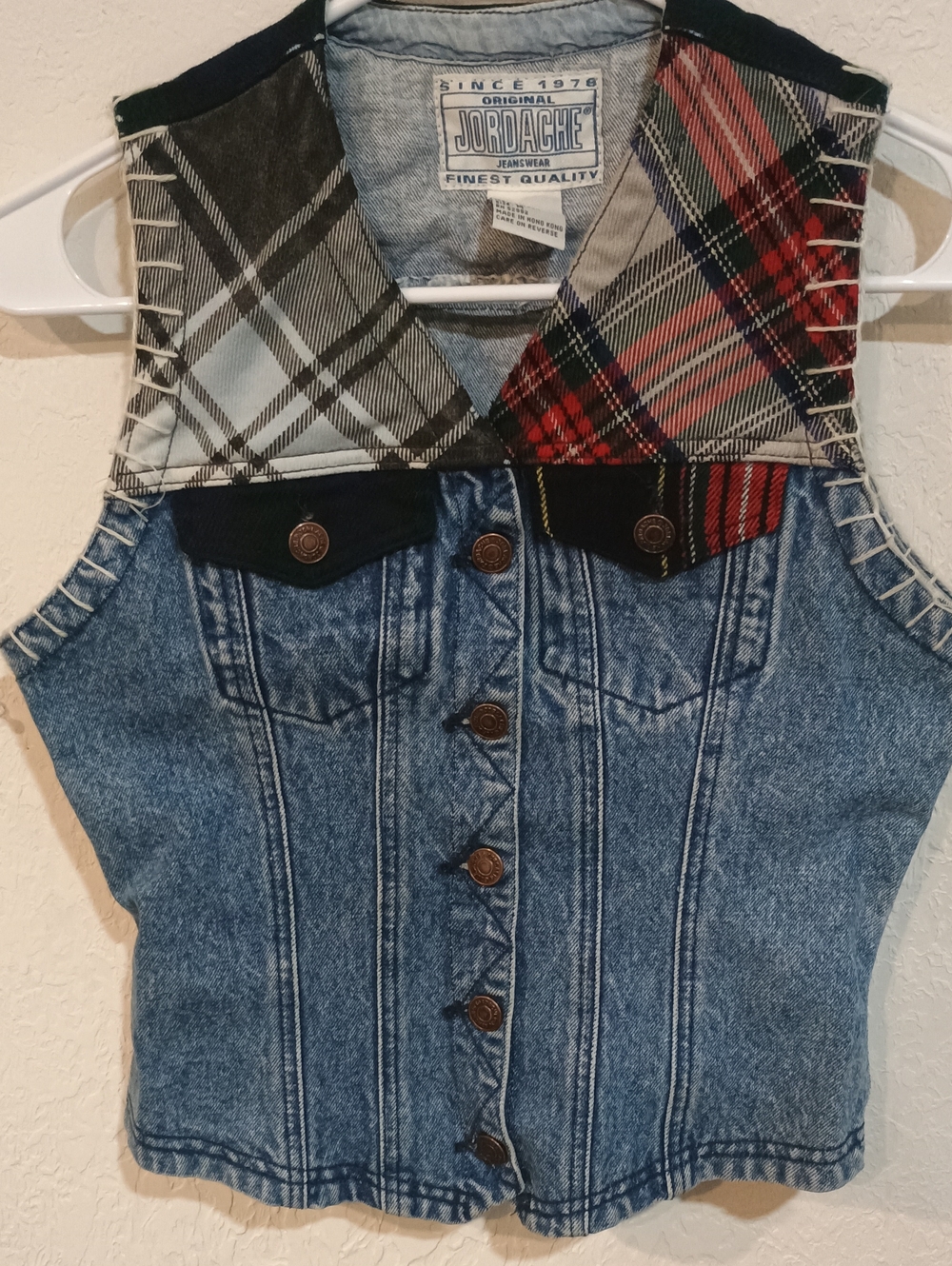 Jordache Blue Denim Vest with Red & Black Plaid Collar